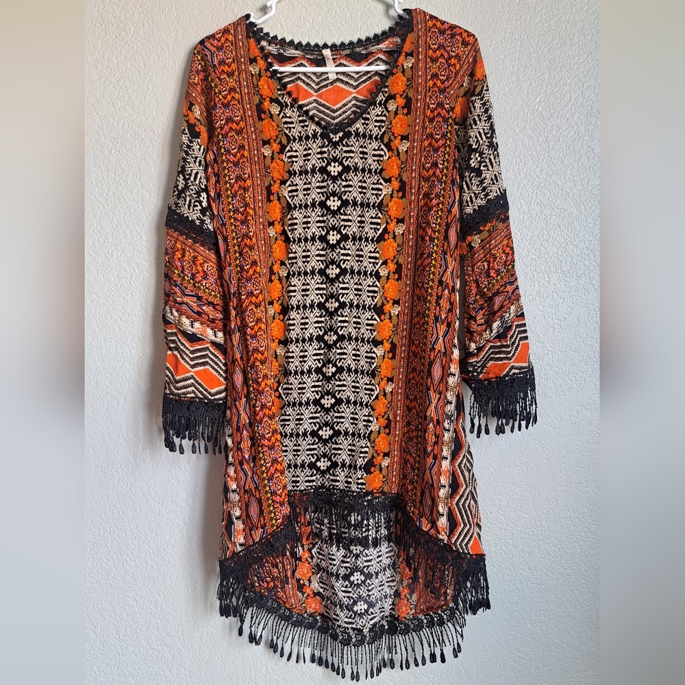 Raga Orange And Black Boho Geometric Print Embrpidered Fringe Dress Size XS